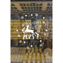 Happy New Year Geyik ve 2023 Yılbaşı Süslemeleri Özel Yıl Vitrin,cam,duvar Özel Sticker