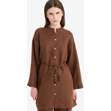 DeFacto %100 Keten Regular Fit Bağcıklı Uzun Kollu Tesettür Gömlek Tunik D4394AX25SM