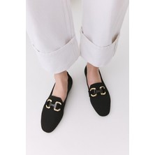 Kadın Siyah Örgü Detaylı Tokalı Günlük Loafer