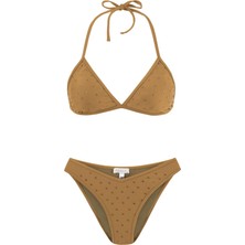 Parlak Taşlı Gold Üçgen Bikini Takım