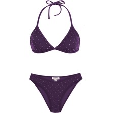 Parlak Taşlı Mor Üçgen Bikini Takım