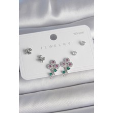 Pirinç Gümüş Renk Renkli Zirkon Taşlı Çiçek Model Yaprak Detay 925 Ayar Gümüş Çivi Kadın Küpe Seti