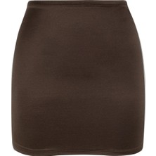 Saten Büzgülü Kahverengi Plaj Etek