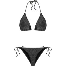 Siyah Lureks Büzgülü Üçgen Bikini Takım