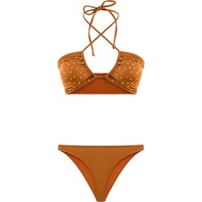 Parlak Taşlı Gipeli Turuncu Halter Bikini Takım