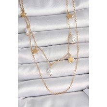 316L Çelik Gold Renk 2'li Zincir Sallantı Yıldız Inci Model Kadın Kolye