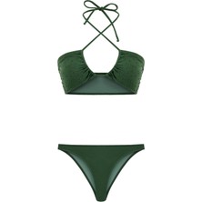 Parlak Taşlı Gipeli Yeşil Halter Bikini Takım