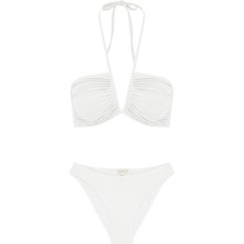 V Detaylı Parlak Beyaz Bikini Takım