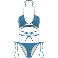 Aksesuarlı Bağlamalı Halter Yaka Parlak Petrol Bikini Takım