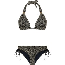 Uzun Üçgen Gold Işlemeli Siyah Bikini Takım