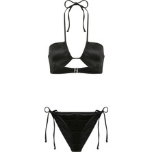 Straplez Saten Siyah Halter Bikini Takım