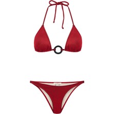 Aksesuarlı Dokulu Kırmızı Üçgen Bikini Takımı