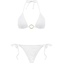 Dokulu Aksesuarlı Beyaz Üçgen Bikini Takım