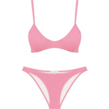 U Kesim Üçgen Gold Simli Pembe Dokulu Bikini Takım