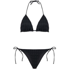 Büzgü Detaylı Siyah Triko Üçgen Bikini Takım