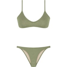U Kesim Dokulu Üçgen Gold Simli Haki Bikini Takım