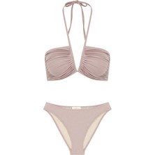V Detaylı Parlak Pudra Bikini Takım