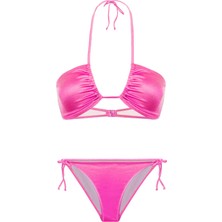 Halter Yaka Saten Neon Pembe Bikini Takım