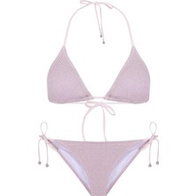 Simli Triko Pudra Üçgen Bikini Takım