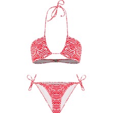 Halter Yaka Kırmızı Zebra Desen Bikini Takım