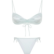 Saten Mint Yeşil Büzgülü Büstiyer Bikini Takım