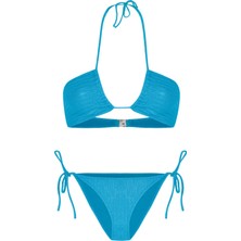 Halter Yaka Merserize Triko Mavi Bikini Takım