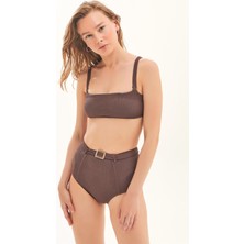 Kare Yaka Gold Toka Detaylı Simli Kahverengi Bikini Takım