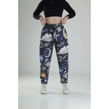 Cocopelli Kadın Renkli Gezegen Desenli Rahat Kesim Baget Pantolon COC1676