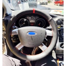 Dikişli Direksiyon Kılıfı Siyah - Noktalı Deri Kırmızı Yüzük / Dikiş Ford Focus (Fotodaki) Için