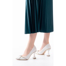  K-10 Beyaz Günlük Sarmal Taşlı Topuklu Kadın Ayakkabı