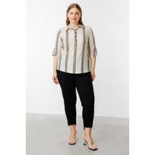 51443 Onteks Düğmeli Yarım Kollu Uzun Bluz