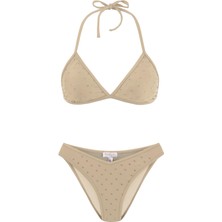 Parlak Taşlı Bej Üçgen Bikini Takım