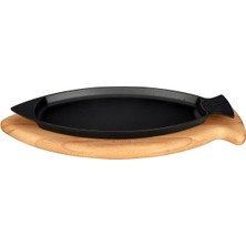 Döküm Balık Tabağı Döküm Demir Yekpare Kulplu Kayın Servis Ahşabı Ölçü 20X32CM.