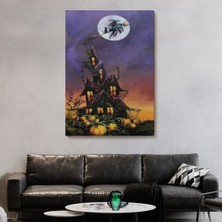 Marsilyan- Süpürge Ile Uçan Cadı ve Kedisi Cadılar Bayramı Helloven Duvar Tablosu -6078