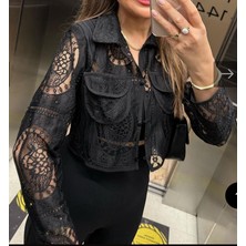 Shop My Lüx Kalite Vatkalı Dantel Tasarım Ceket Gömlek Siyah