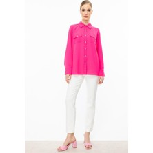 Çift Kapak Cepli Düğmeli Pembe Kadın Bluz 3026-2Y5