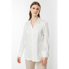 Büyük Beden Saten Ekru Kadın  Gömlek 3510-2Y5