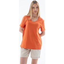 Nazen Giyim V Yaka Kısa Kollu Turuncu Kadın  T-Shirt  0248-2Y5