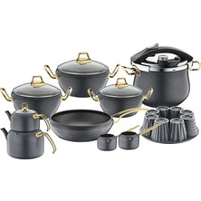 3519 - 16 Parça - Bio Granit -Tencere, Tava, Düdüklü Tam Çeyiz Seti, Antrasit Gövde - Gold Detay