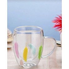 Çift Çidarlı Tüylü 250ML Çiçekli Bardak Isıya Dayanıklı Kulplu Cam Kupa