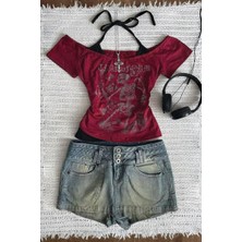 Bordo Skeleton Madonna Yaka Ek Askılı Gotik Y2K Kısa Kollu Full Body Crop