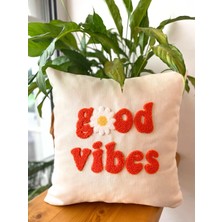Good Vibes Işlemeli Pamuklu 43X43CM Kırlent Yastık Kılıfı - Punch Işlemeli Yastık Kılıfı