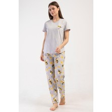Kadın Kısa Kol Gri Pijama Takımı %100 PAMUK C1T9N2O804