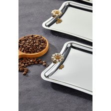Elegante Square Serisi, Duo Bella Flora Kulp Desenli Krom Sunum Söz Nişan Tepsisi, 22X16CM, 3 Adet