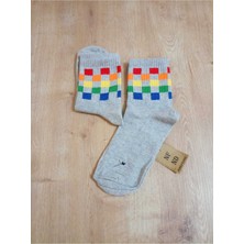 NF ND ENEFENDİ Kareli Desenli Pamuklu Yumuşak Çorap Arakonç Kadın Gri Soket Çorabı 36-40