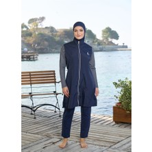 Estiva Çizgili Biyeli Fermuarlı Tam Kapalı Tesettür Mayo