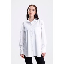 Sweetness Kadın Beyaz Oversize Likralı Pamuklu Cepli Uzun kol gömlek