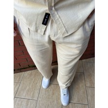 Keten Kumaş Fermuarlı Düğmeli Baggy Pantolon