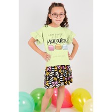 Kız Çocuk Tshirt Etek Takım Makaron Baskılı B23