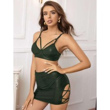 Kadın Deri Kumaş Ikili Kostüm Yan Detaylı